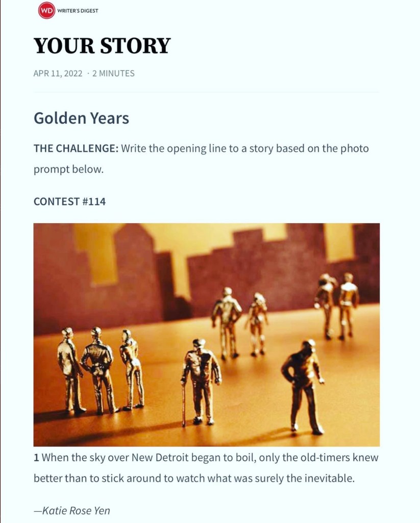 Writing prompt image and first-place line: “When the sky over New Detroit began to boil, only the old-timers knew better than to stick around to watch what was surely the inevitable.”