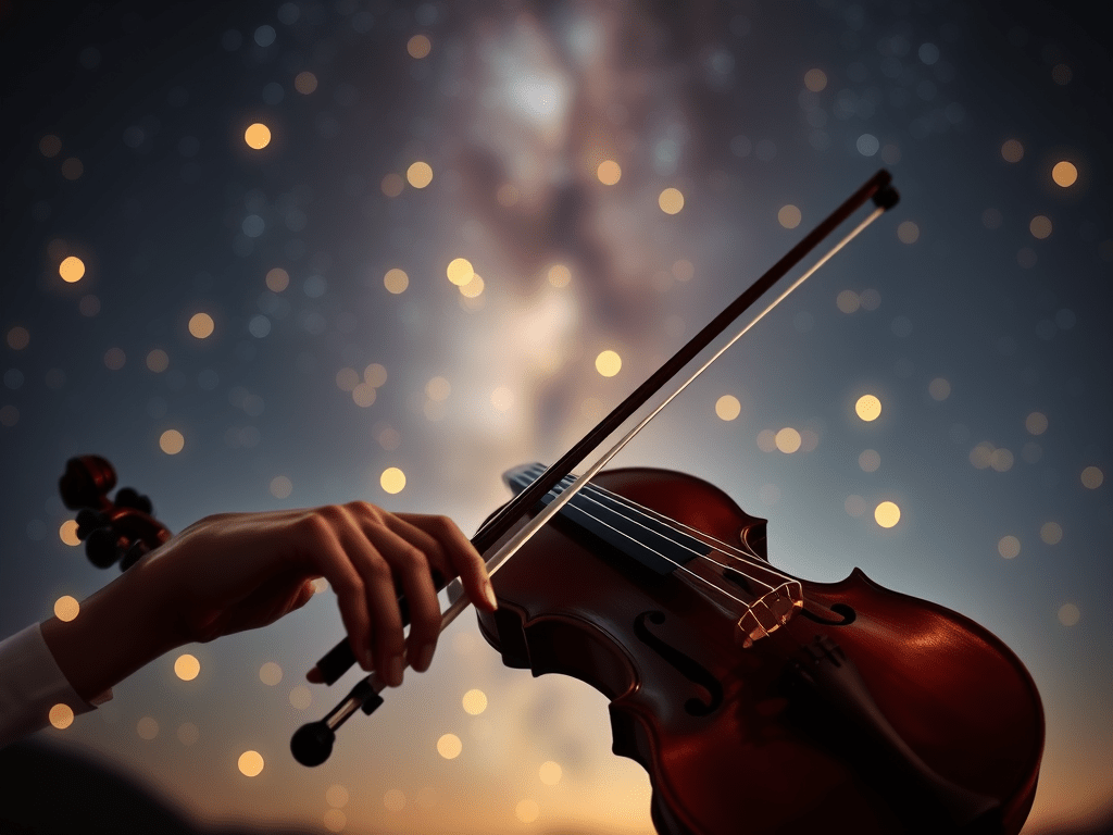 Surrealist image of a floating hand holding a violin bow near a violin, with a starry night background.