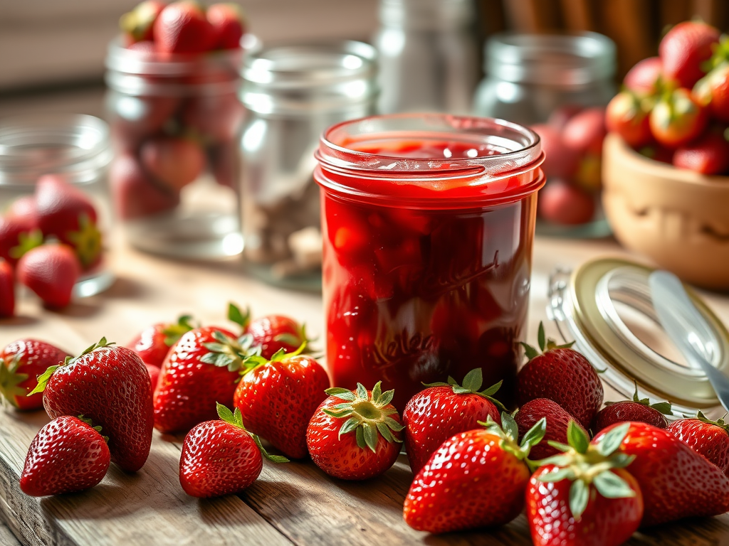 A jar of strawberry jam surrounded by fresh strawberries on a wooden table.
