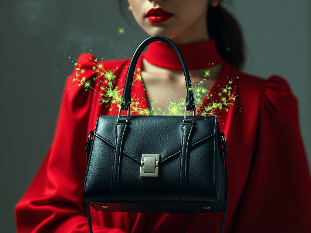 A woman in a striking red outfit holds a stylish black handbag, adorned with magical green sparkles.